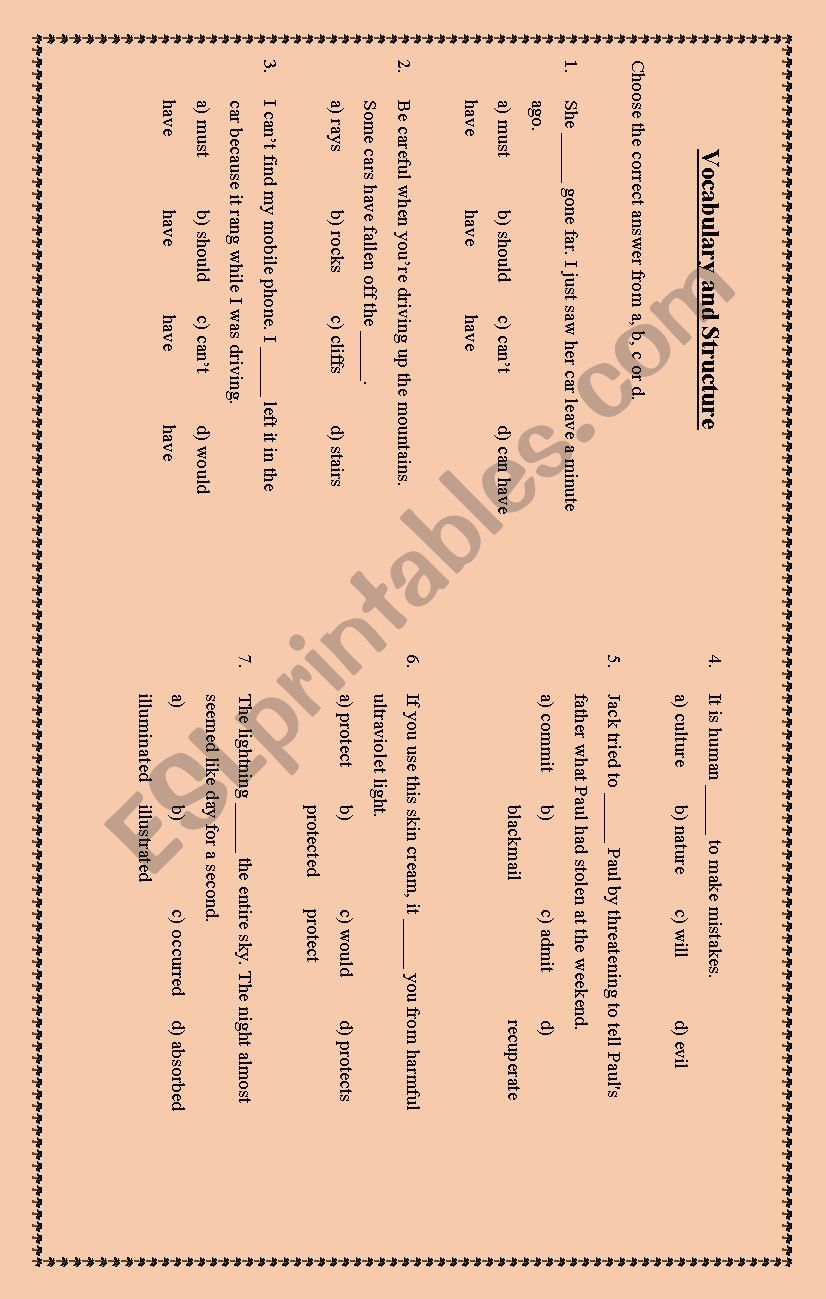 Vocabulary and grammar test (187 sentences) multiple choice 