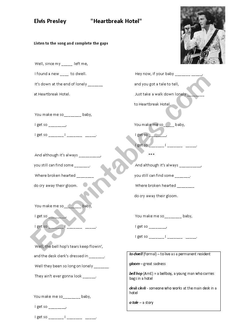 Heartbreak Hotel worksheet