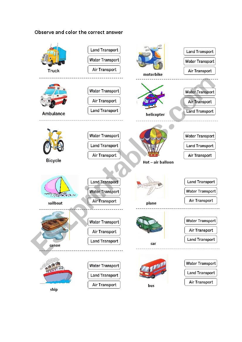 means of transport worksheet
