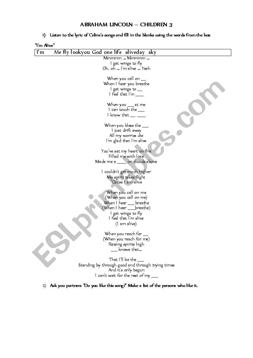 Celine Dion Childrens song worksheet