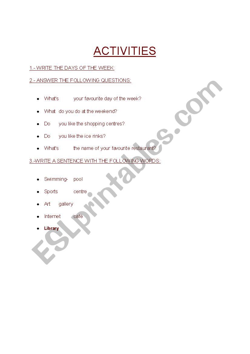 english activities worksheet
