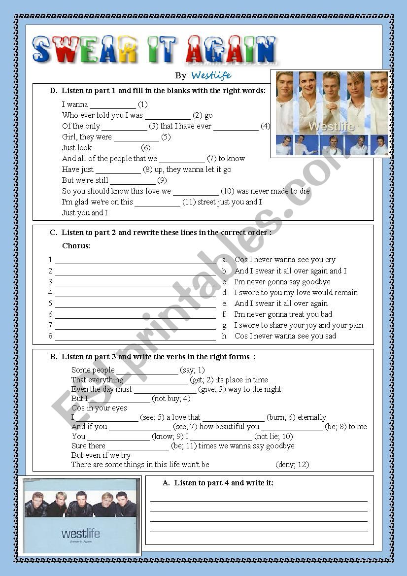 Song - Swear It Again worksheet