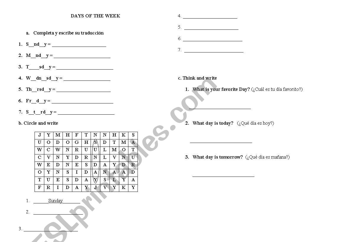 DAYS OF THE WEEKS worksheet