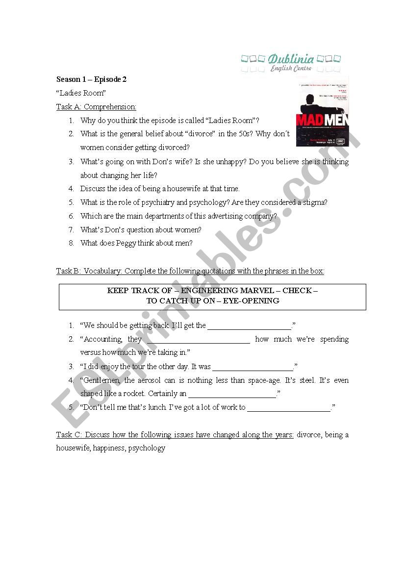 Mad Men Season 1 Episode 2 worksheet