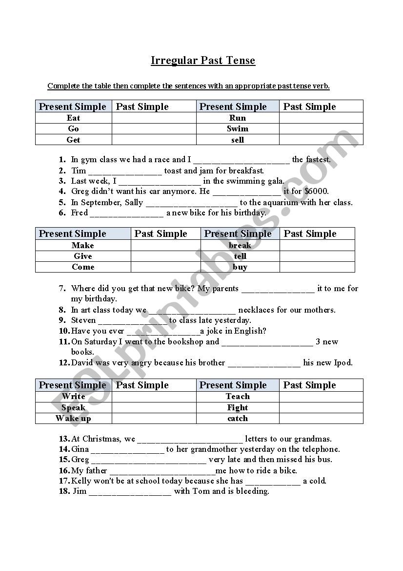 Irregular past simple practice exercises