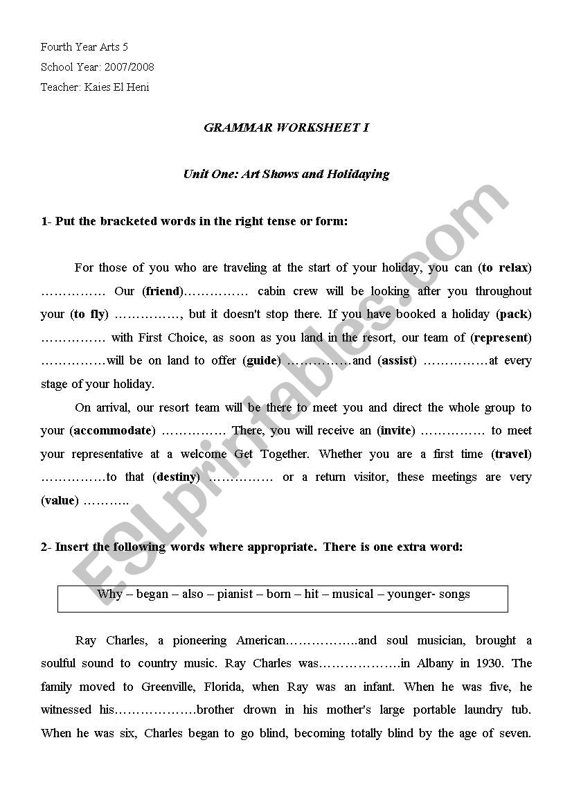 4th Year Arts Grammar Booklet worksheet