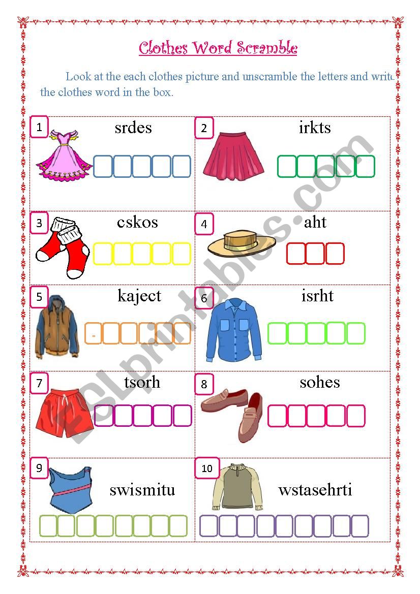 Clothes Word Scramble worksheet