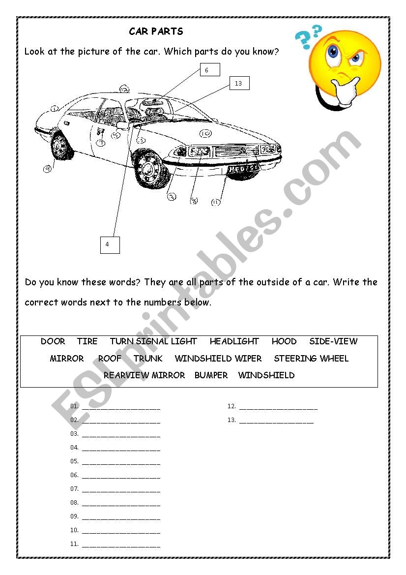 CAR PARTS worksheet