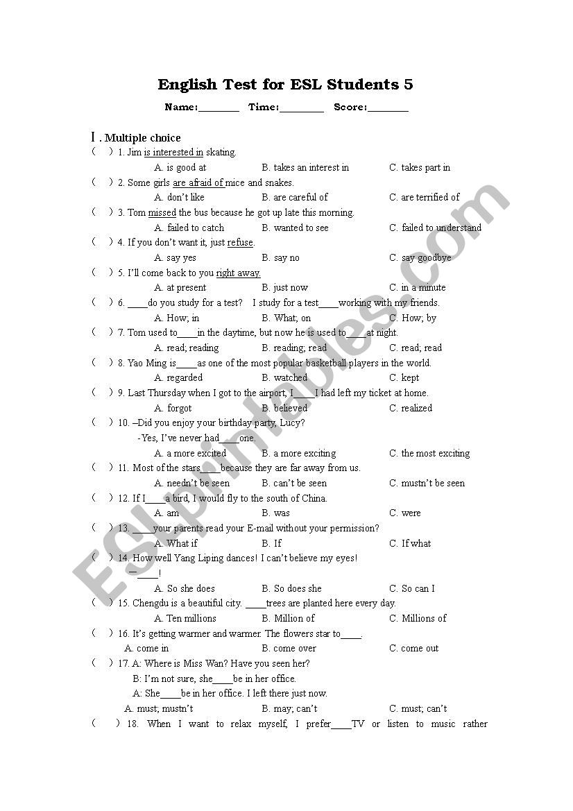 English Test 5 for 6th and 7th Graders