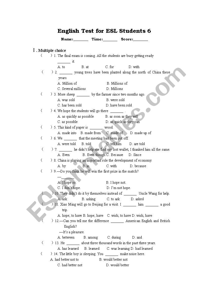 English Test 6 for 6th and 7th Graders