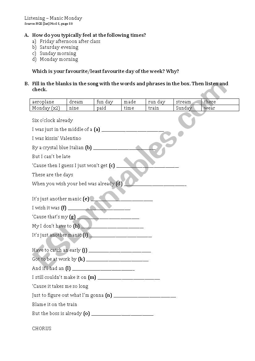 Manic Monday worksheet