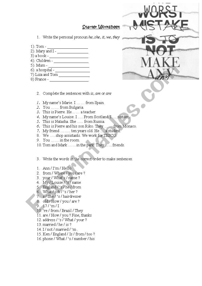 Adult Starter worksheet worksheet