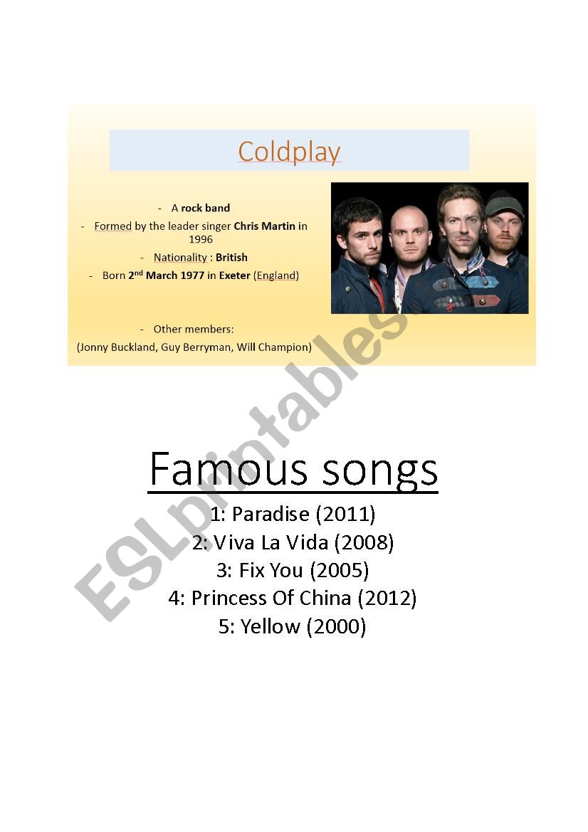 coldplay presentation worksheet