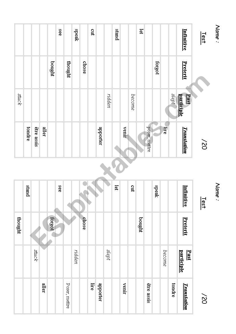 Irregular verbs Test worksheet