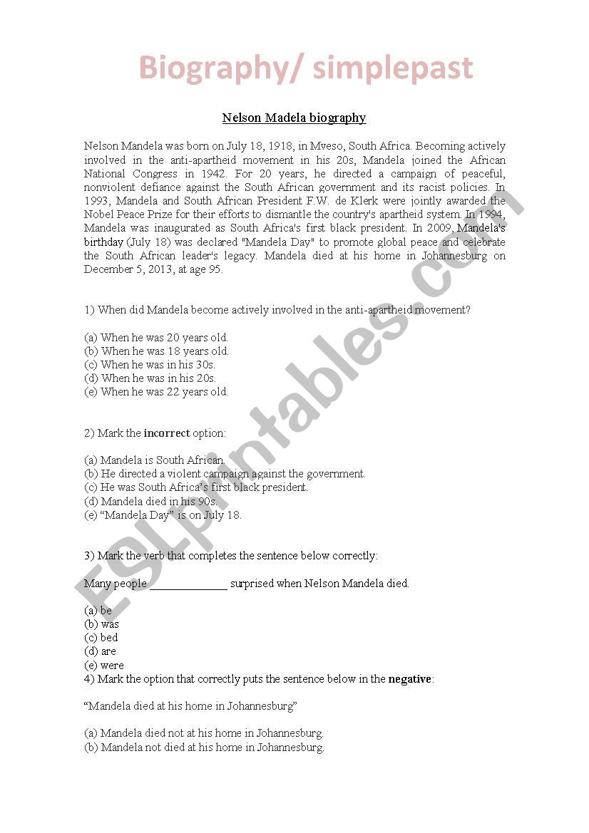 Biography/ simple past worksheet