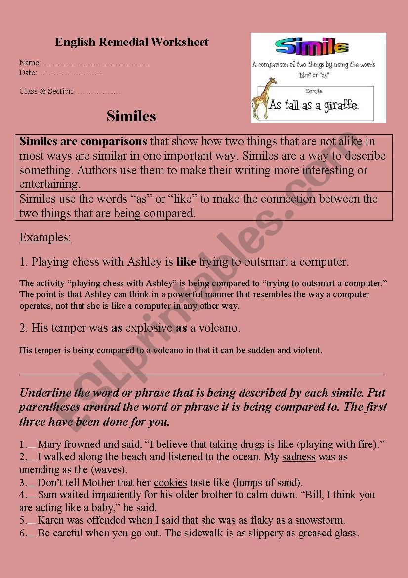 simile & metaphor  worksheet