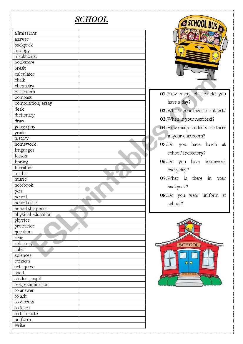 SCHOOL VOCABULARY worksheet
