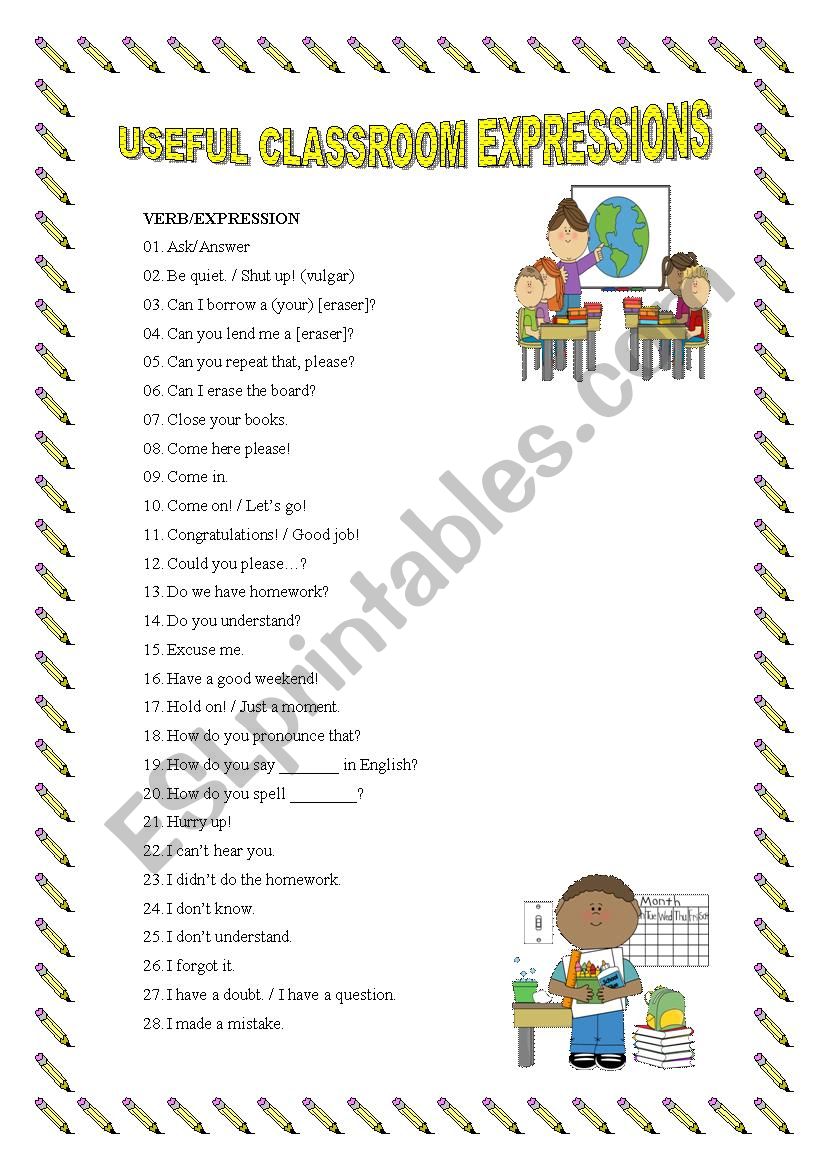 USEFUL CLASSROOM EXPRESSIONS worksheet