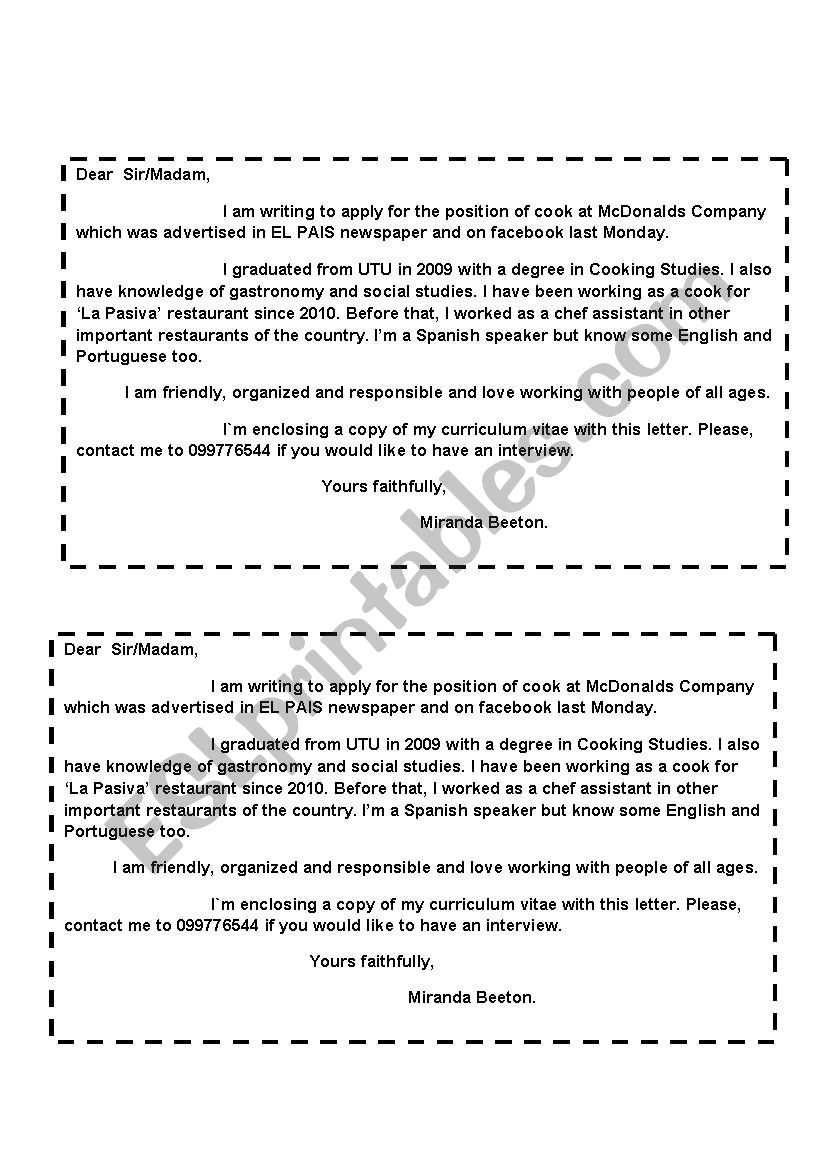 letter of application worksheet