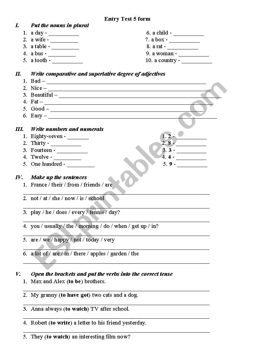 Test for 5 form worksheet