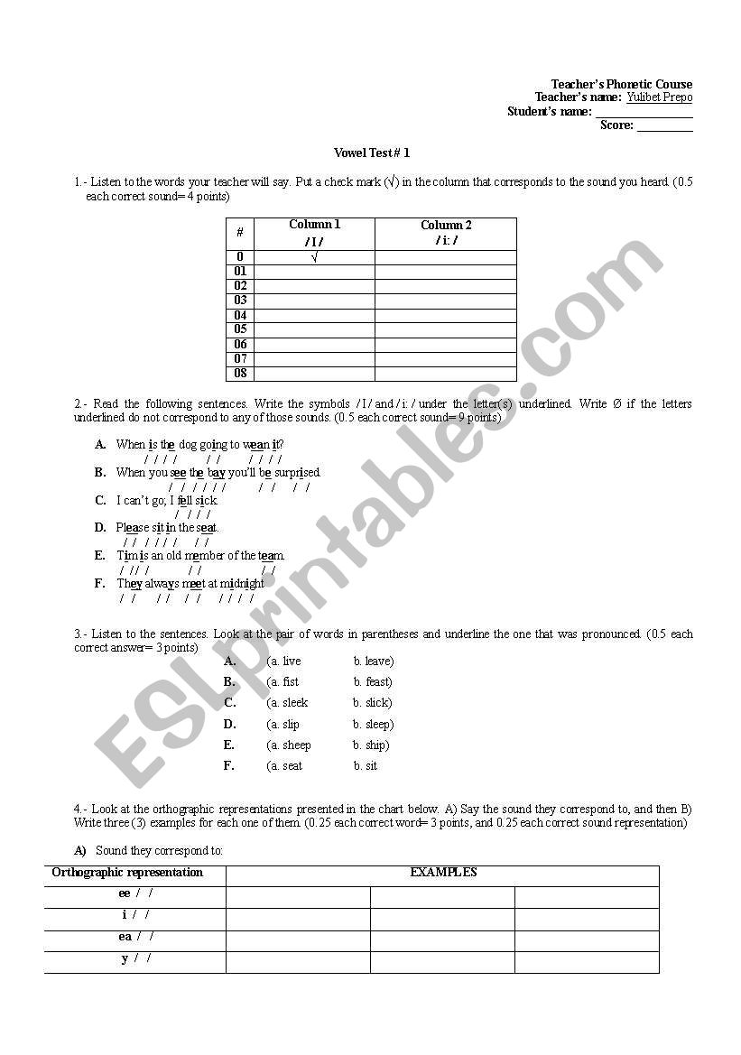 Phonologic Test worksheet