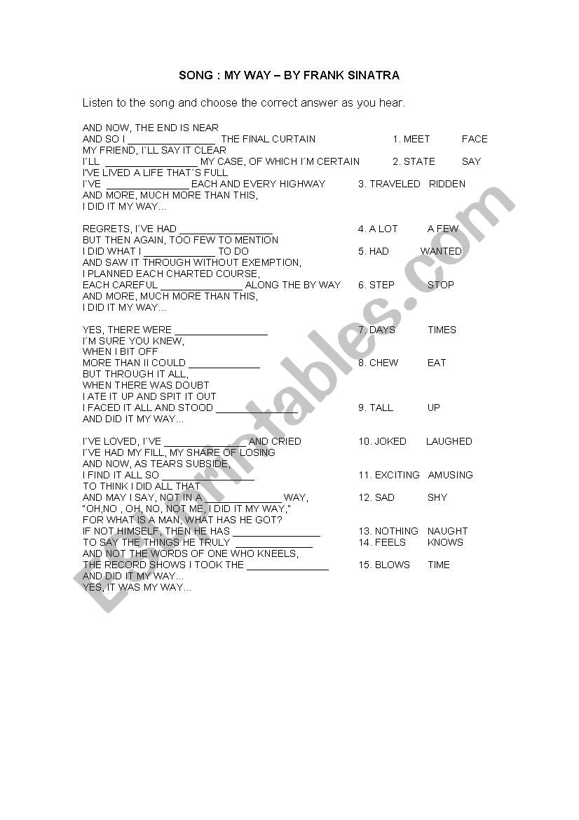 Song My Way By Frank Sinatra worksheet