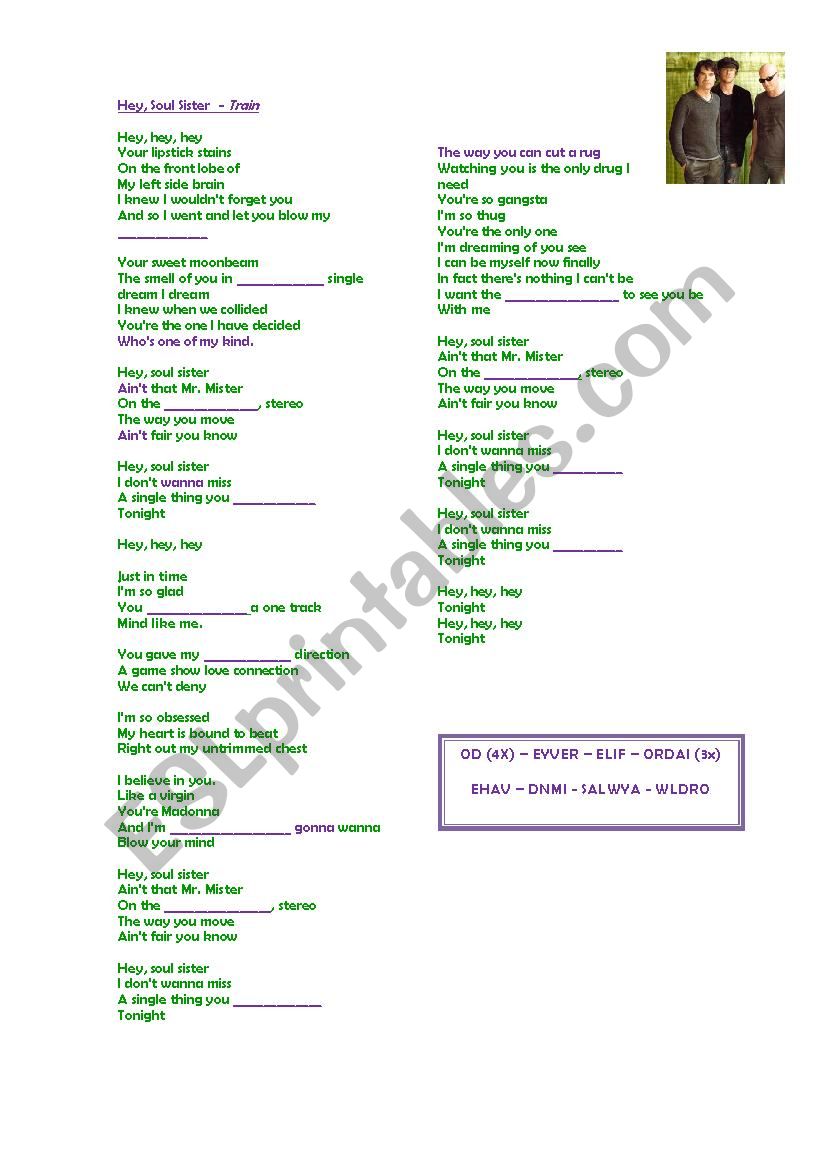 song hey soul sister by train worksheet