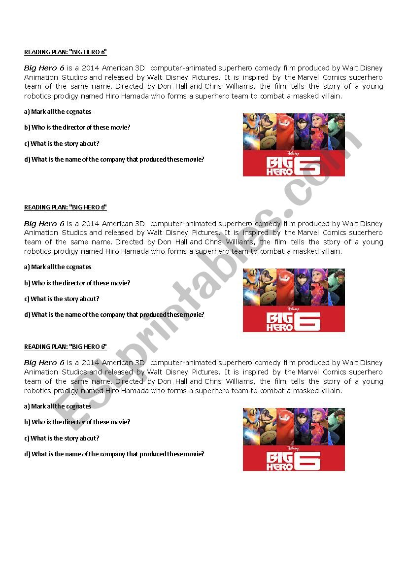 Bog Hero 6 worksheet