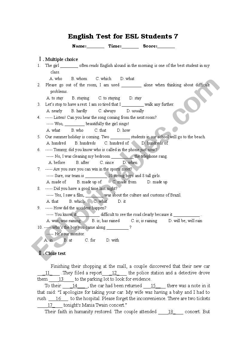English Test 7 for 6th and 7th Graders, The Last One