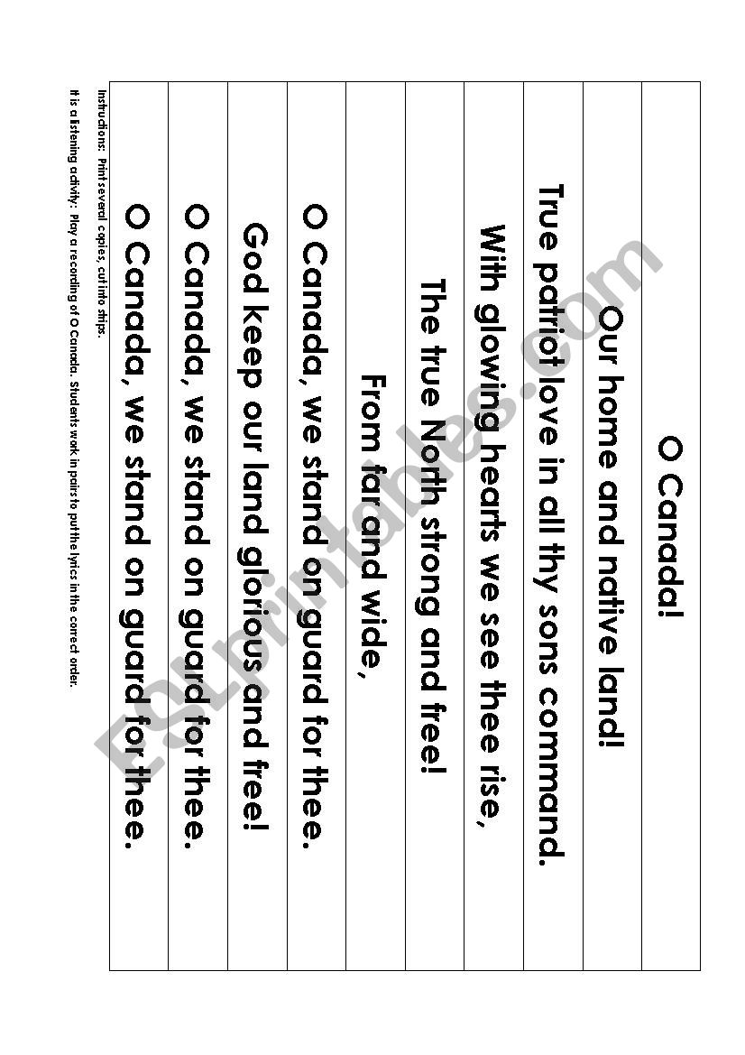 Song:  O Canada Lyrics Puzzle worksheet