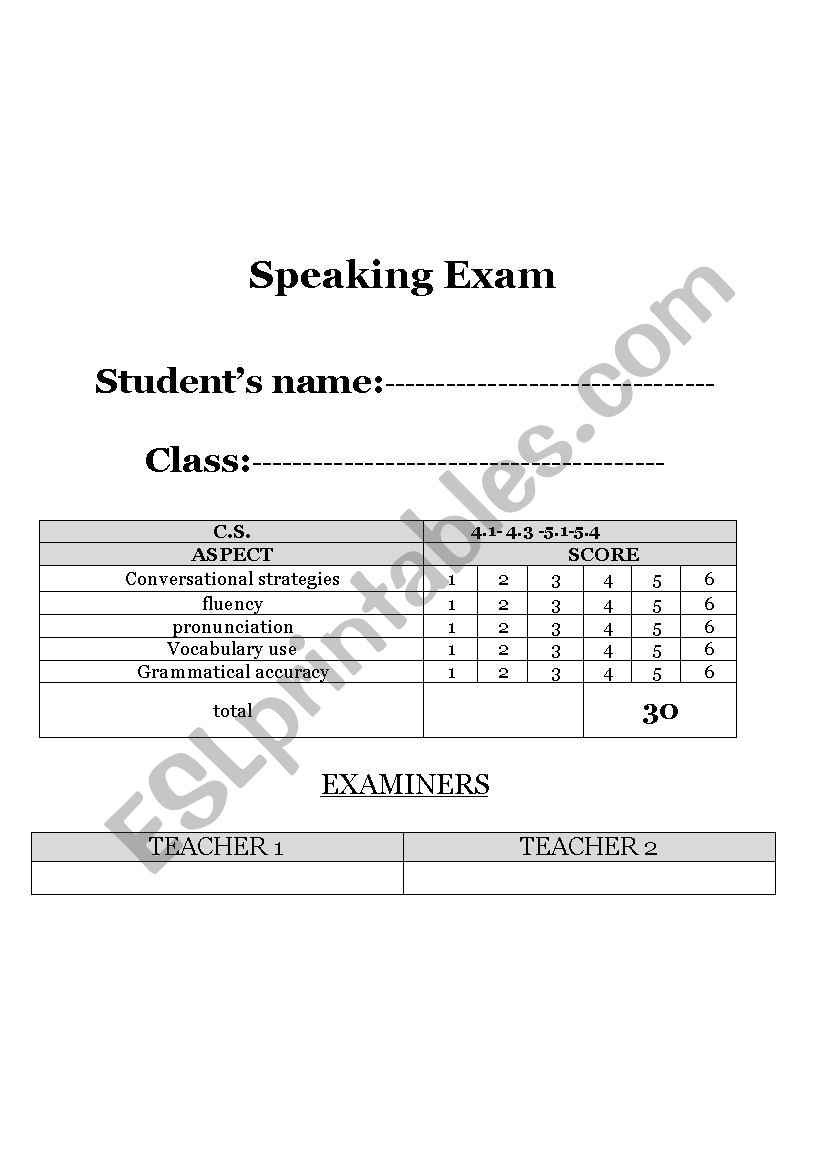 Speaking Exam worksheet