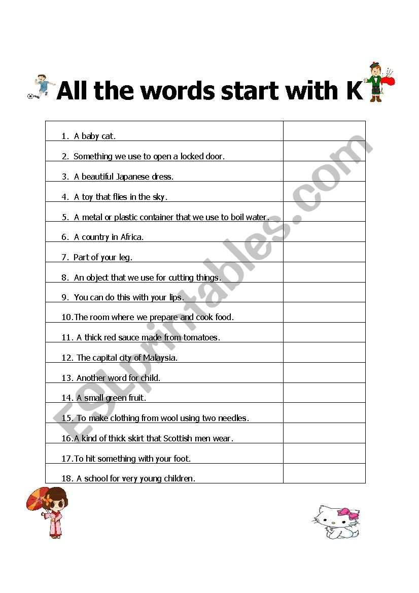All the Words Start with K worksheet