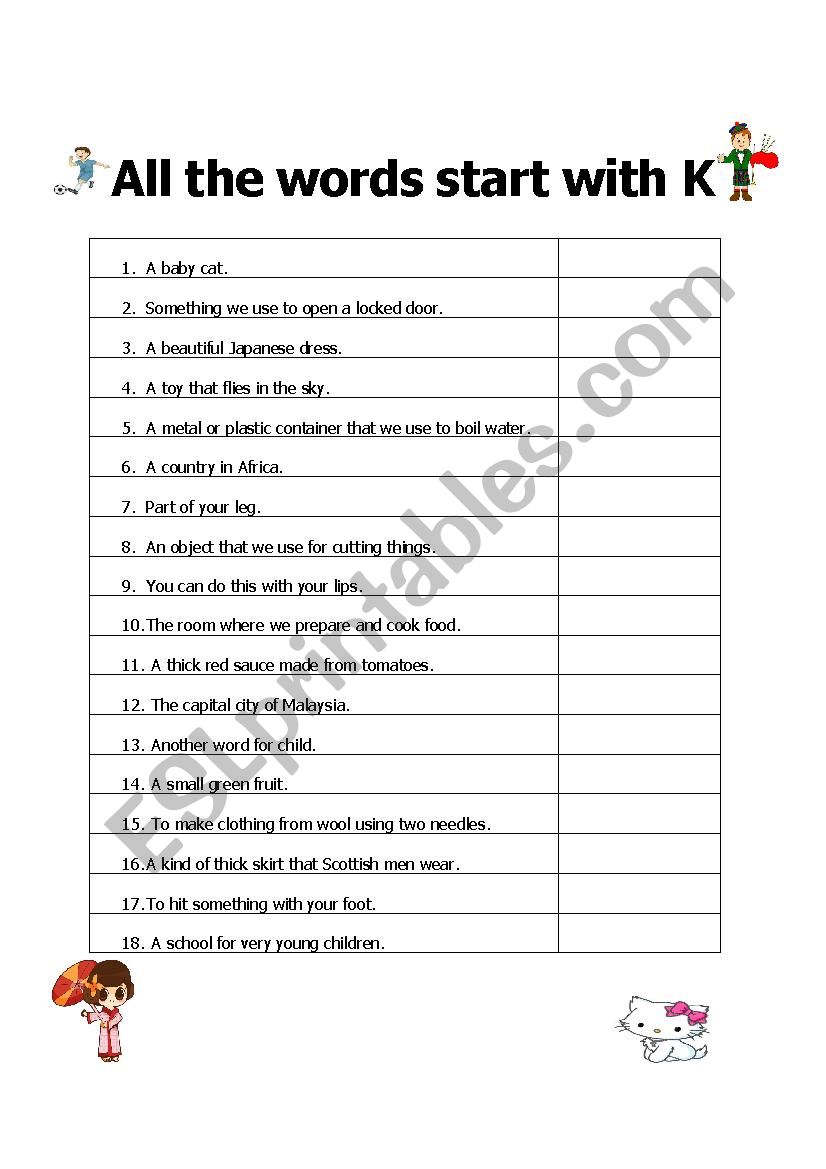 All The Words Start With K ESL Worksheet By Pjrob