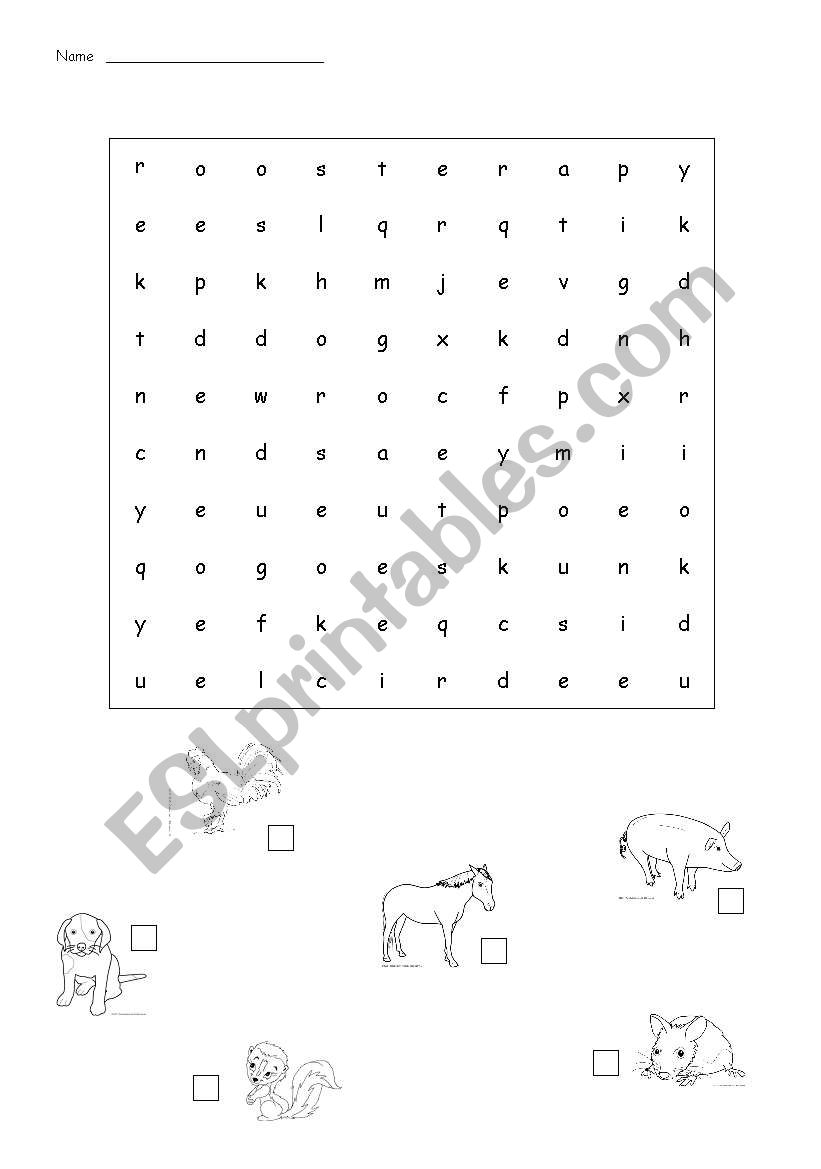 Animals wordsearch worksheet