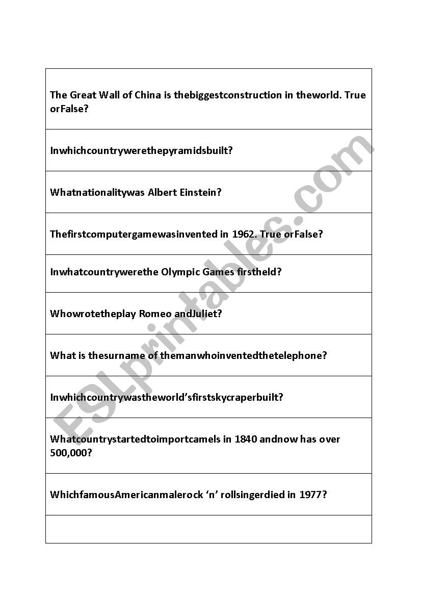 general knowledge slips worksheet