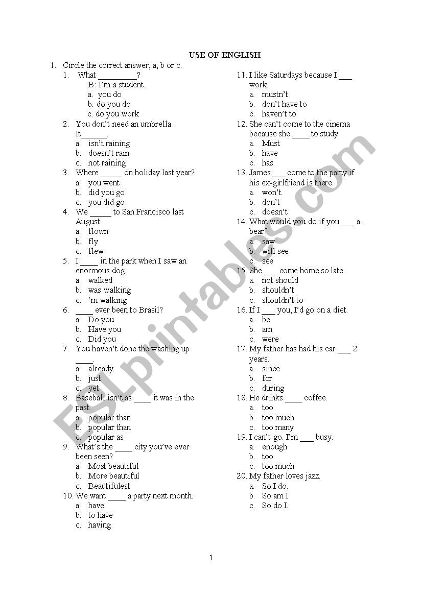 pre-intermediate grammar test worksheet