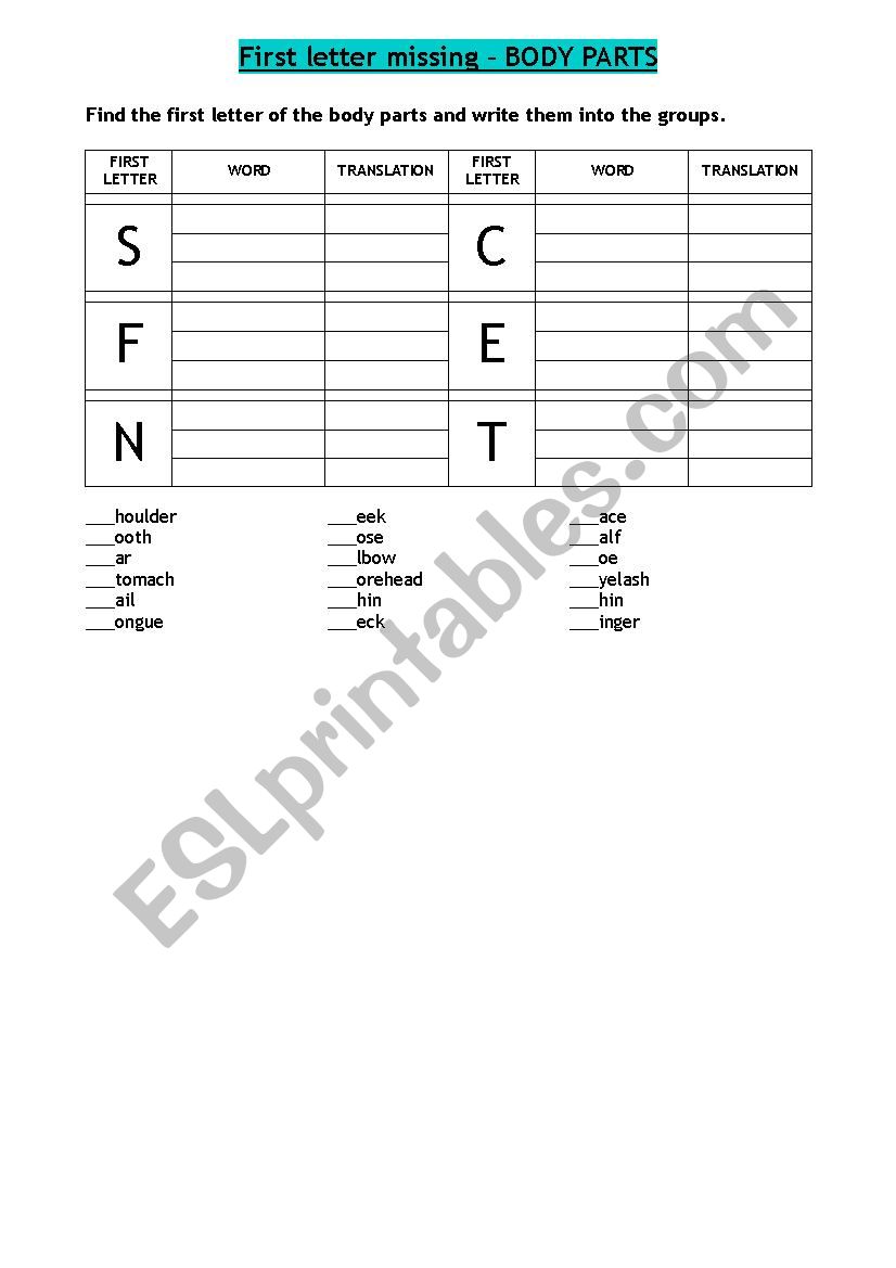 First letter missing - BODY PARTS