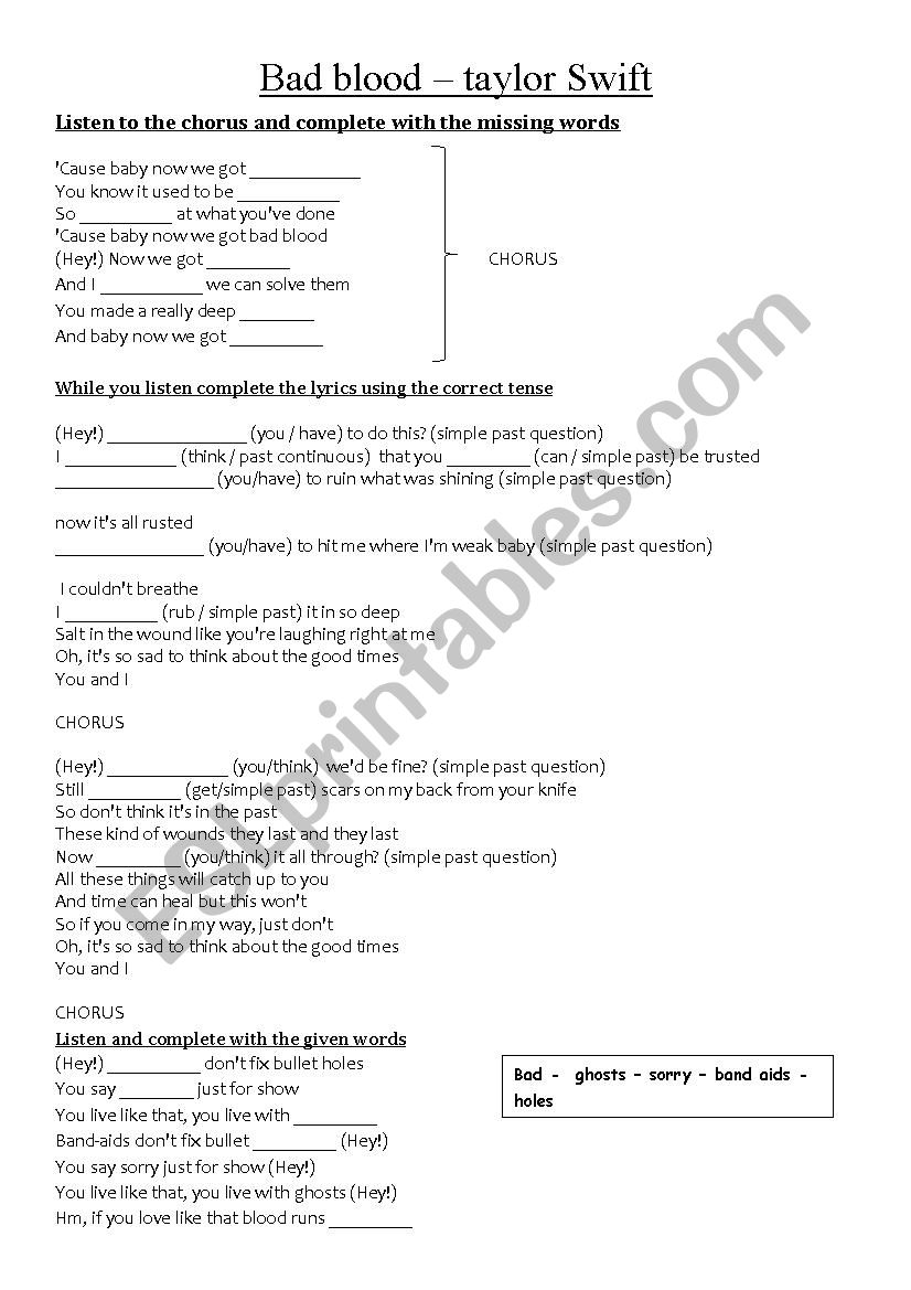Bad Blood worksheet