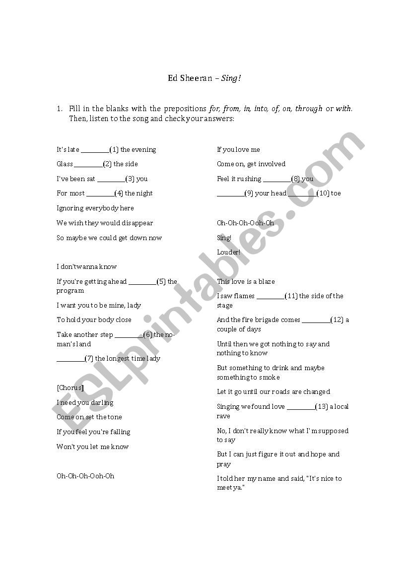Prepositions - Song: Sing - Ed Sheeren 