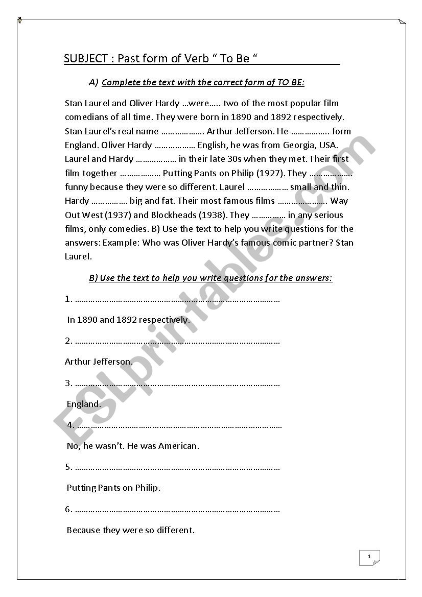 SUBJECT : Past form of Verb  To Be 	