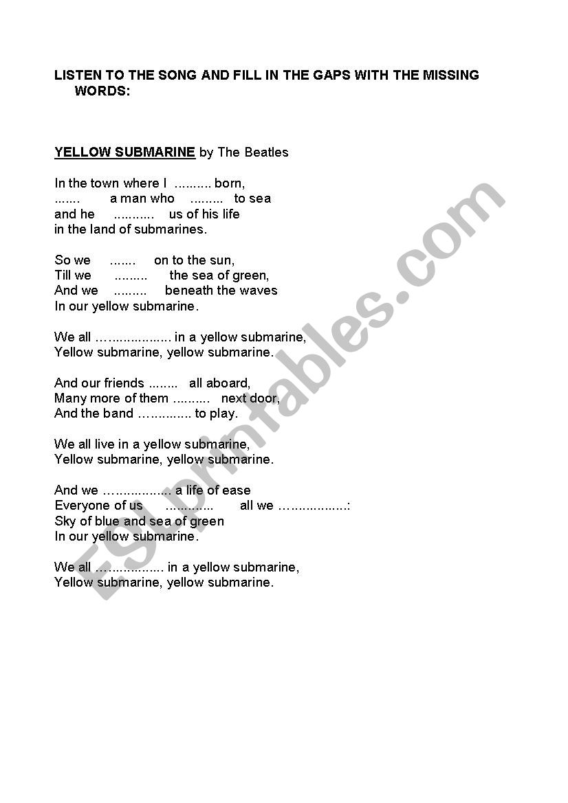 SONG ACTIVITY - YELLOW SUBMARINE - COMPREHENSION ACTIVITIES -