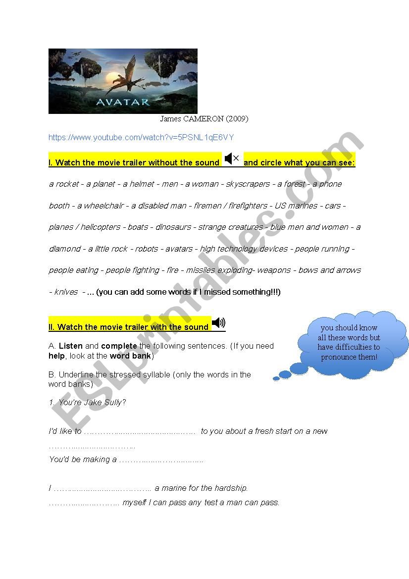 Avatar trailer 1/2 worksheet