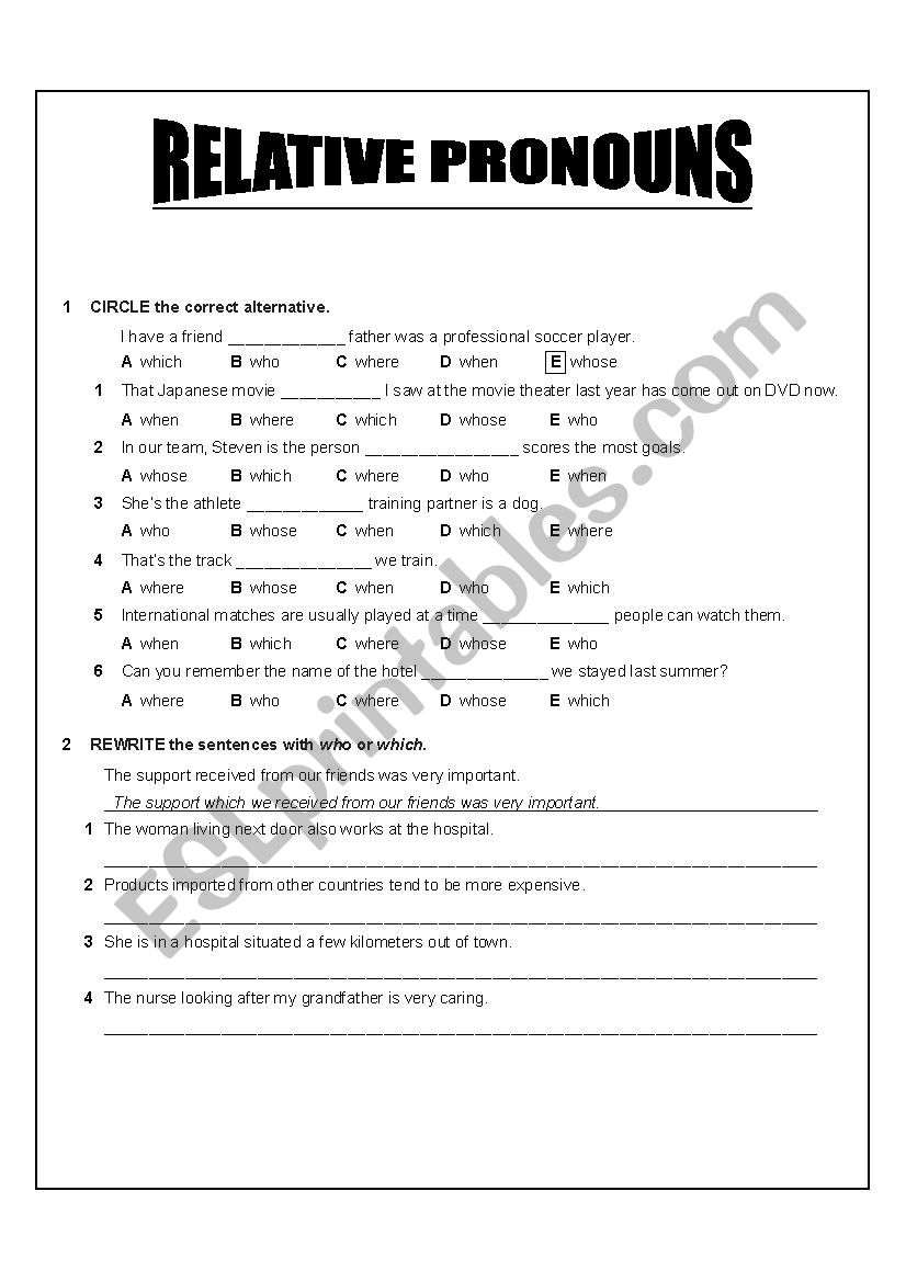 Relative Pronouns practive worksheet