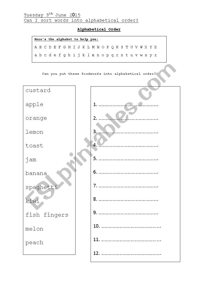 Alphabetical order worksheet