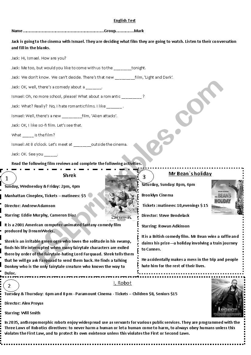 Cinema worksheet