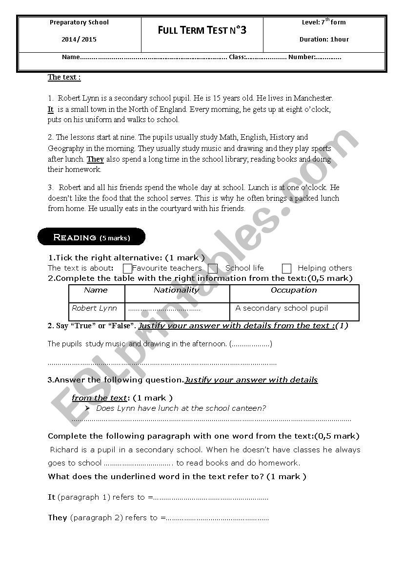 3rd term test - 7th grade worksheet