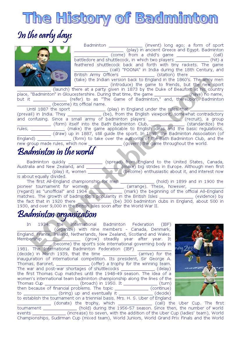 The history of Badminton worksheet