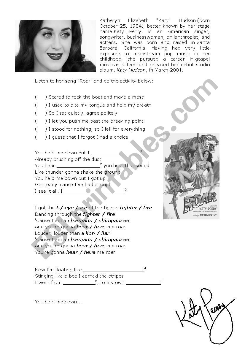 Roar by Katy Perry worksheet