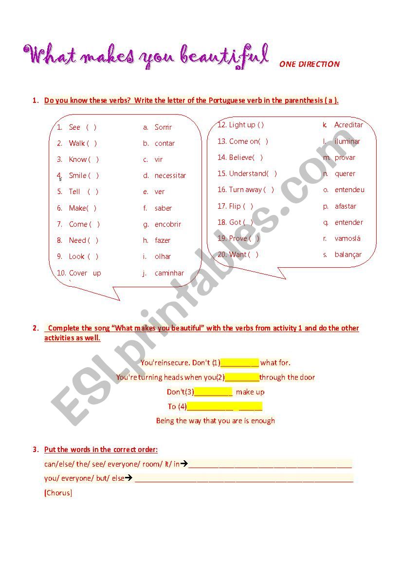Song What makes you beautiful worksheet