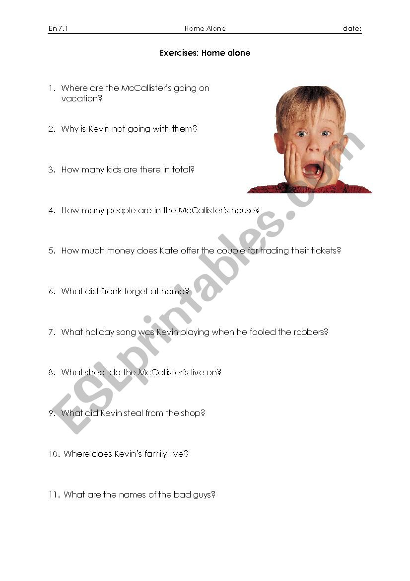 Home Alone Questionnaire worksheet